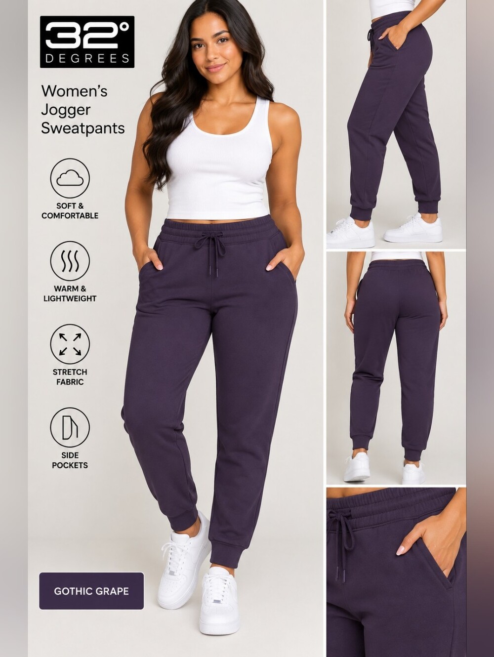 32 Degrees Women's Jogger Sweatpants in Gothic Grape. 507